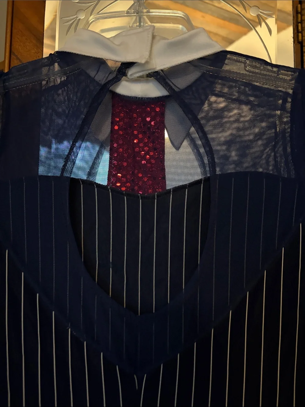 Navy Pinstripe Jumpsuit White Collar & Red Sequin Tie Dance Costume-Child Large